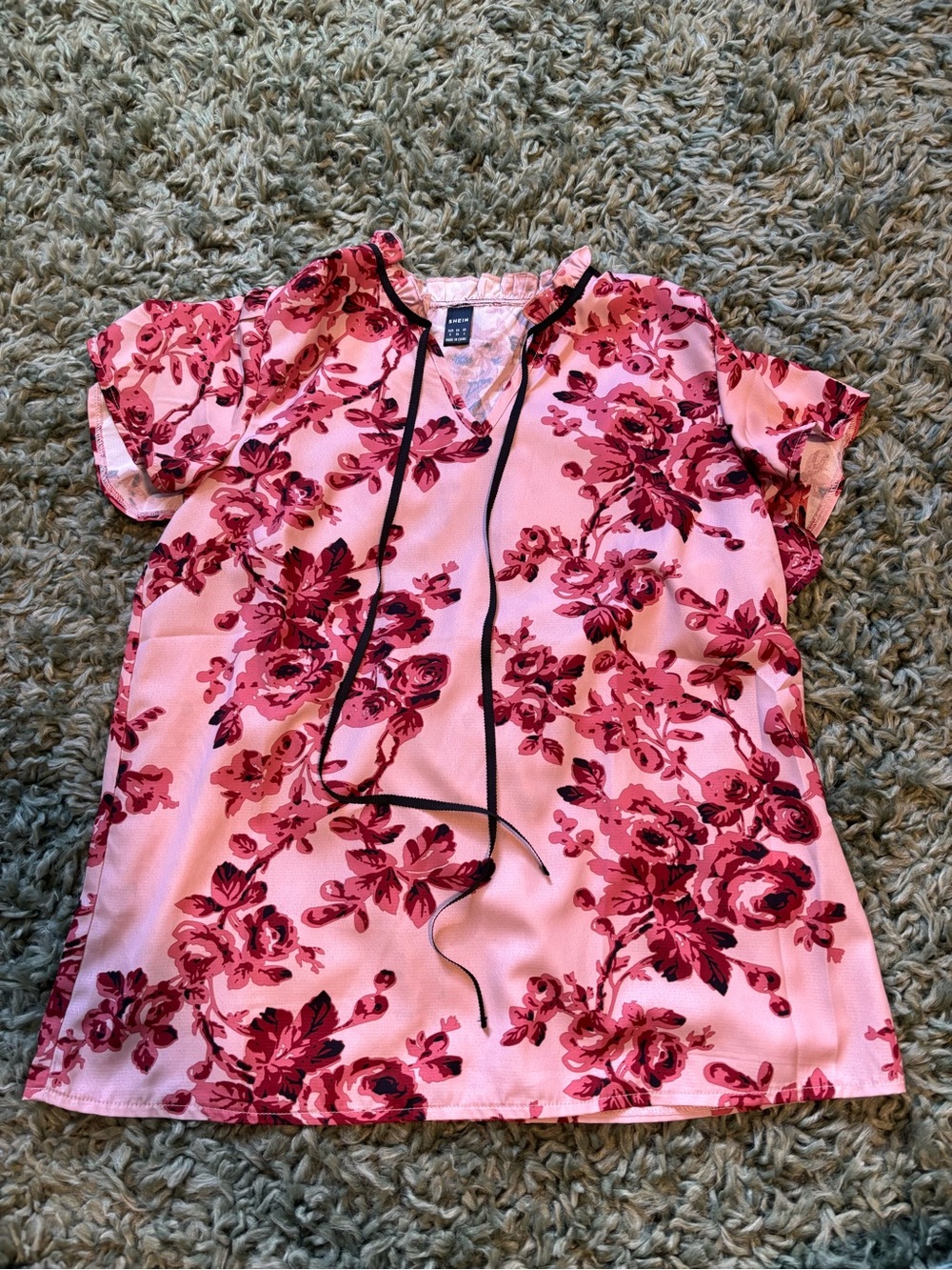 NWOT Pink and Black Floral Short Sleeve Blouse with Ribbon Tie